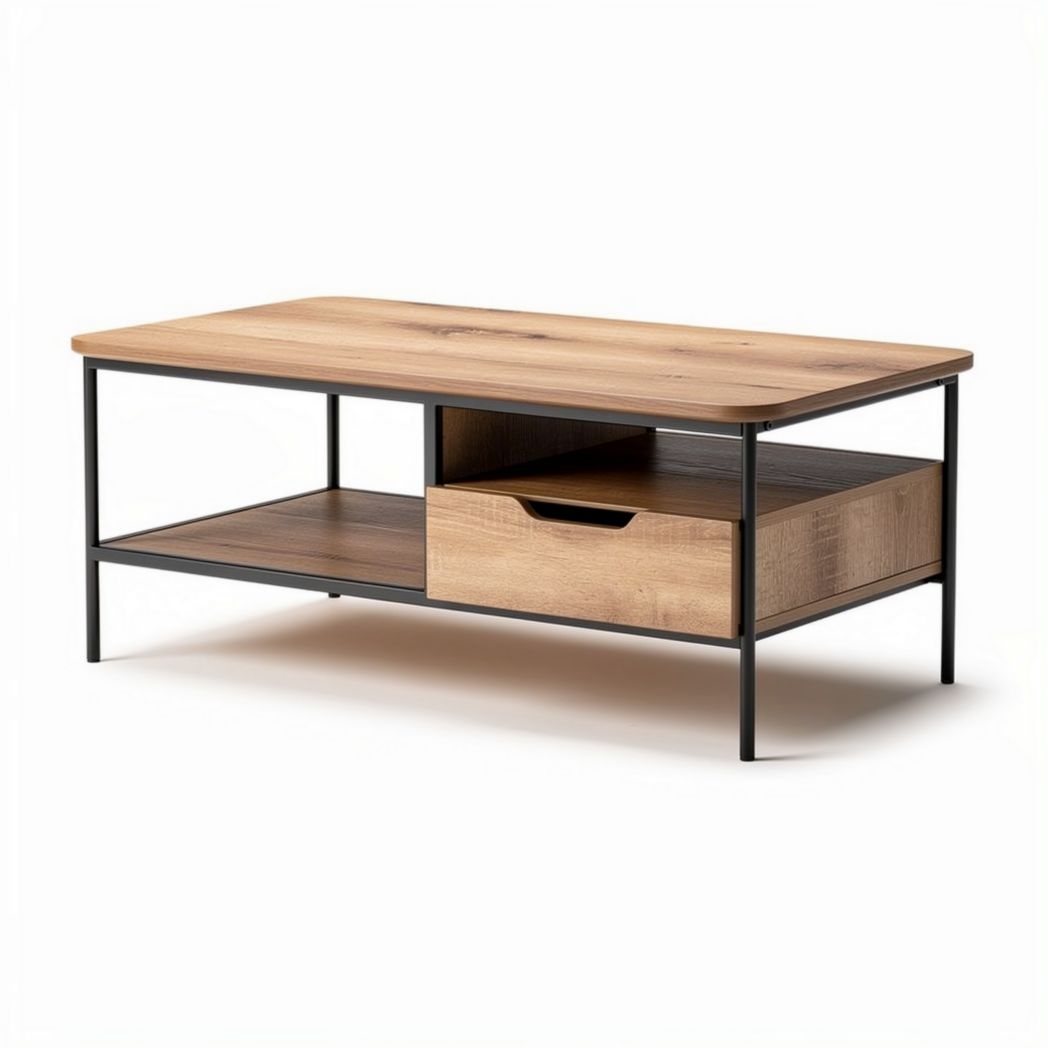 Stolik kawowy z drewna i metalu 120 x 60 x 45cm z szufladą i półką